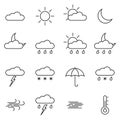 Weather line icon set. Outline weather forecast symbols: clouds, sun, moon, rain. Vector illustration. Royalty Free Stock Photo